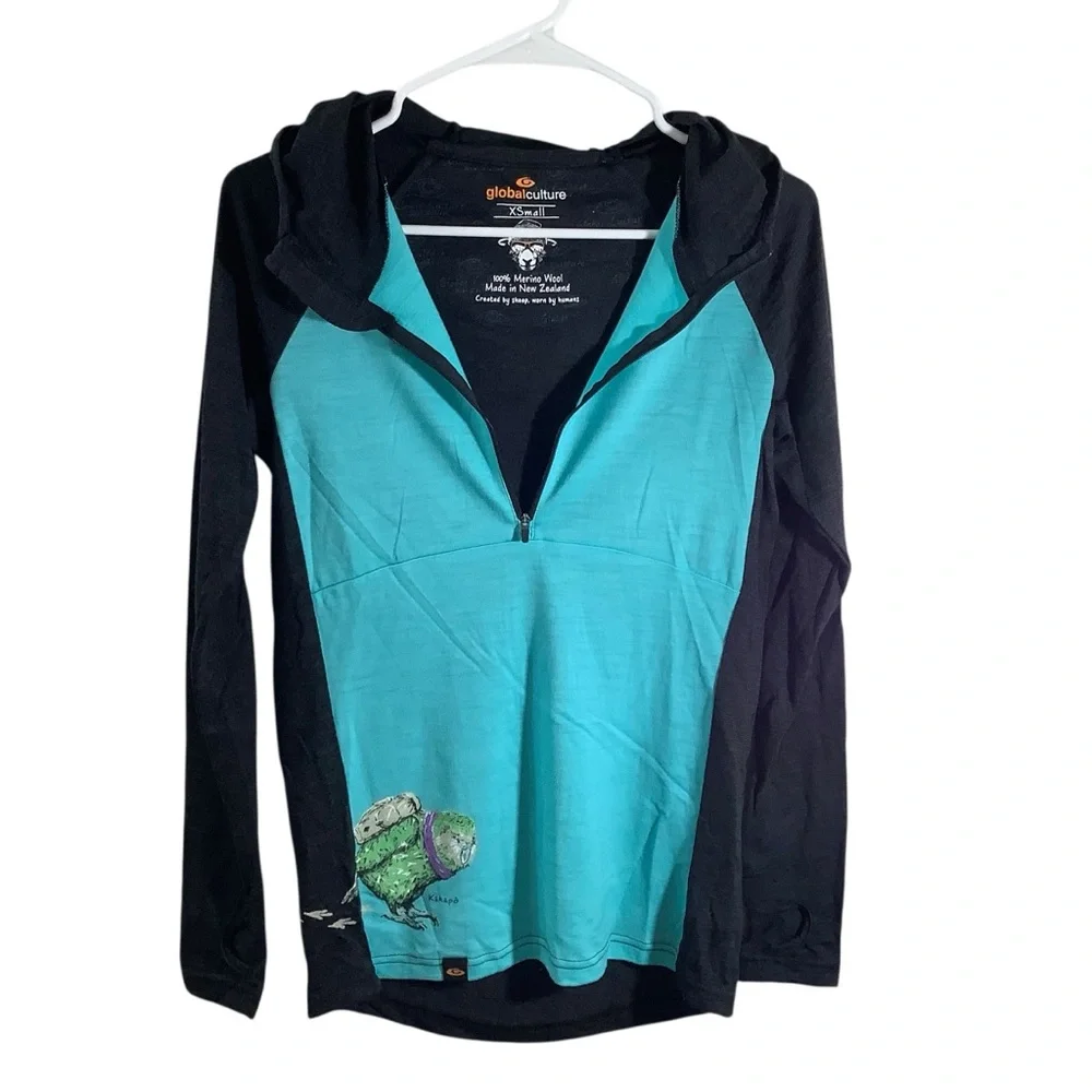 Global Culture Merino Wool Kakapo 1/4 Zip Pullover With Hood New Zealand